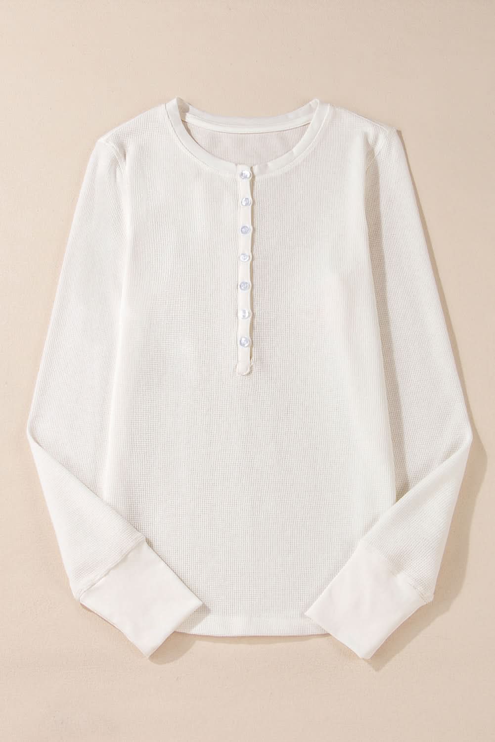 White Solid Color Waffle Half Button Long Sleeve Top - Love Salve